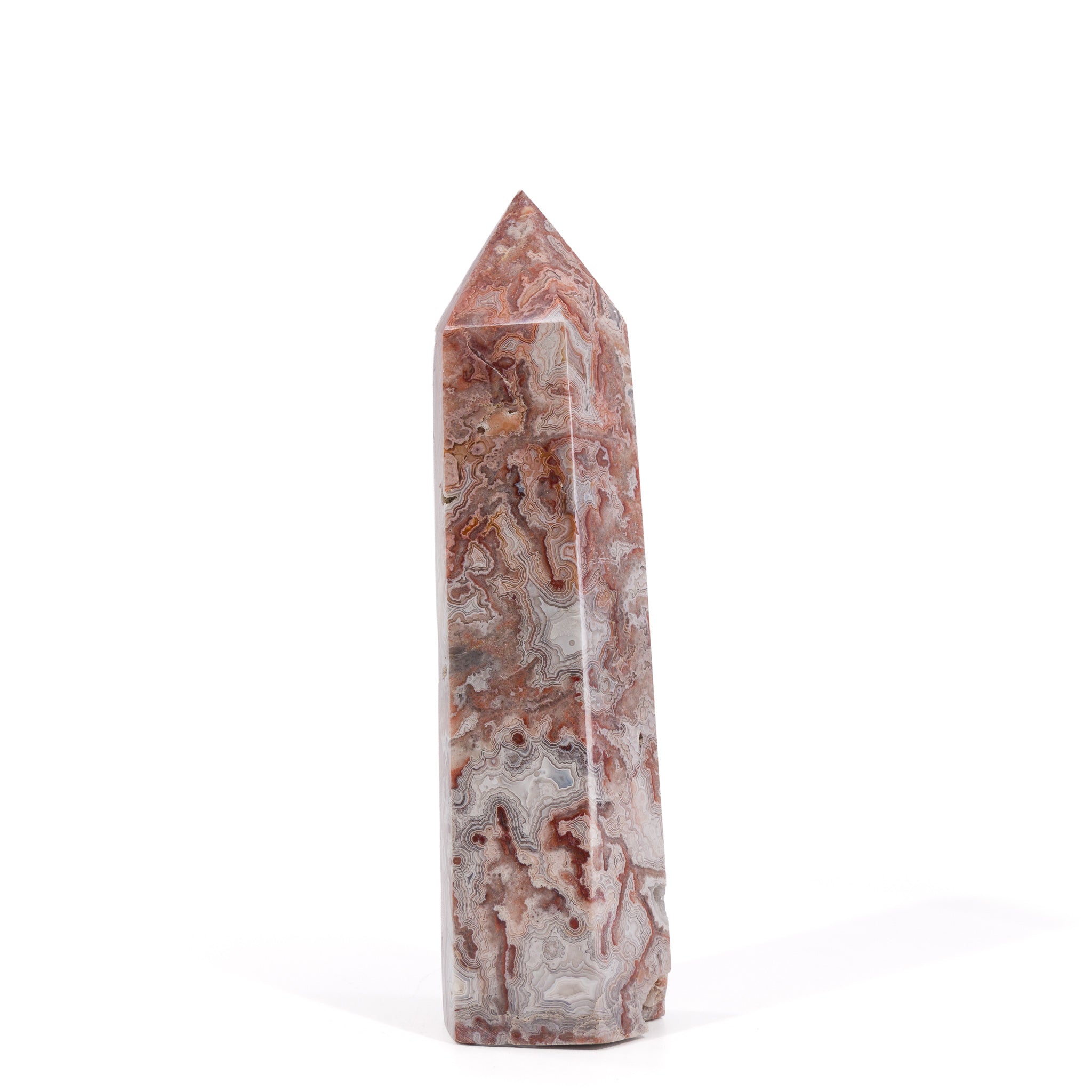 Crazy Lace Agate tower showing intricate red and cream banding
