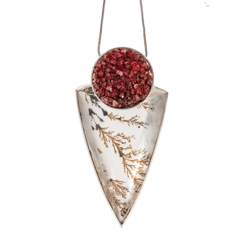 Rhodochrosite & Dendritic Quartz Sterling Silver Handcrafted Pendant