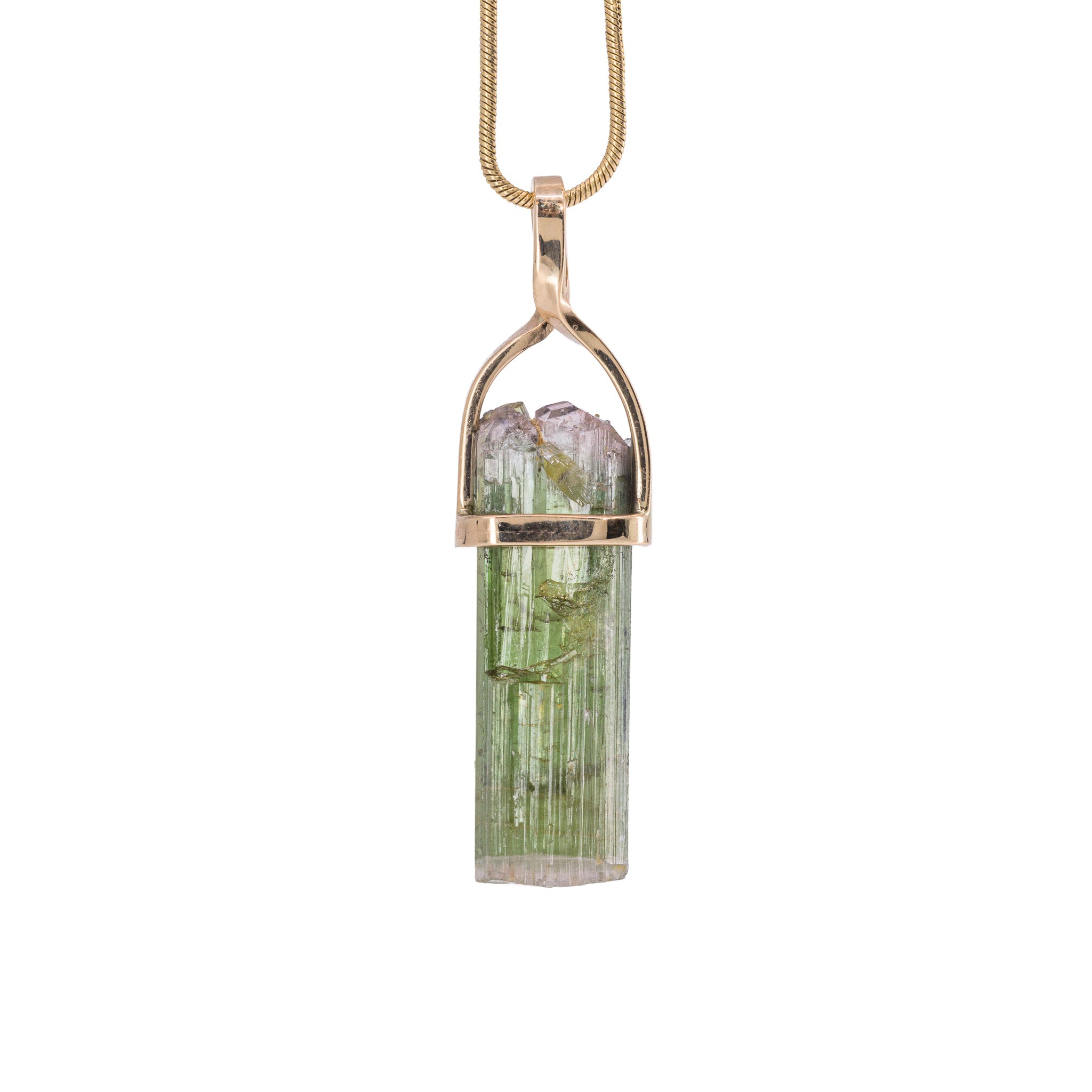 Front view of Green Tourmaline natural crystal pendant in handcrafted 14K