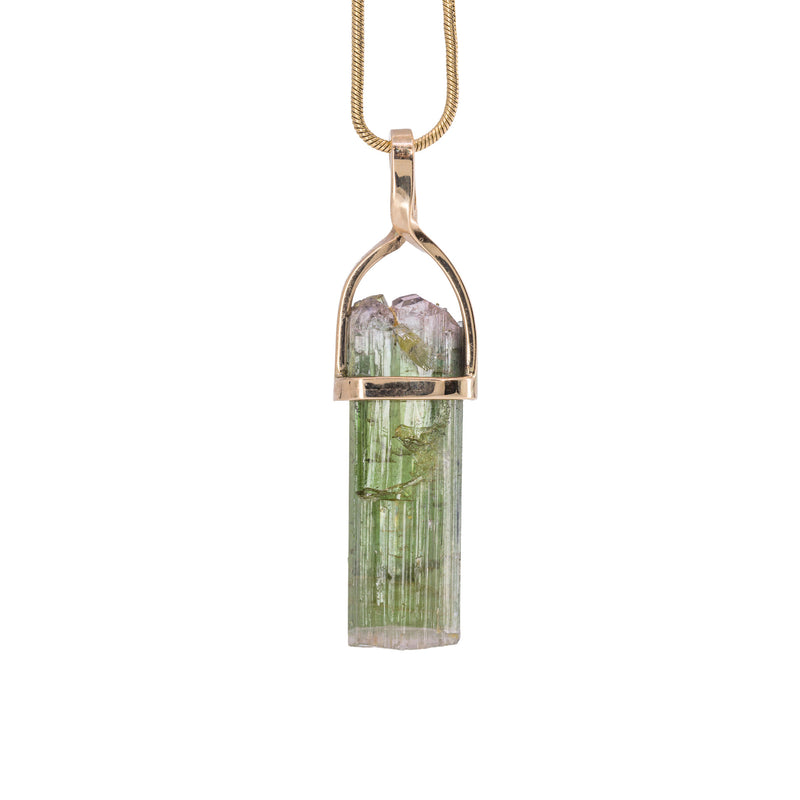 Front view of Green Tourmaline natural crystal pendant in handcrafted 14K