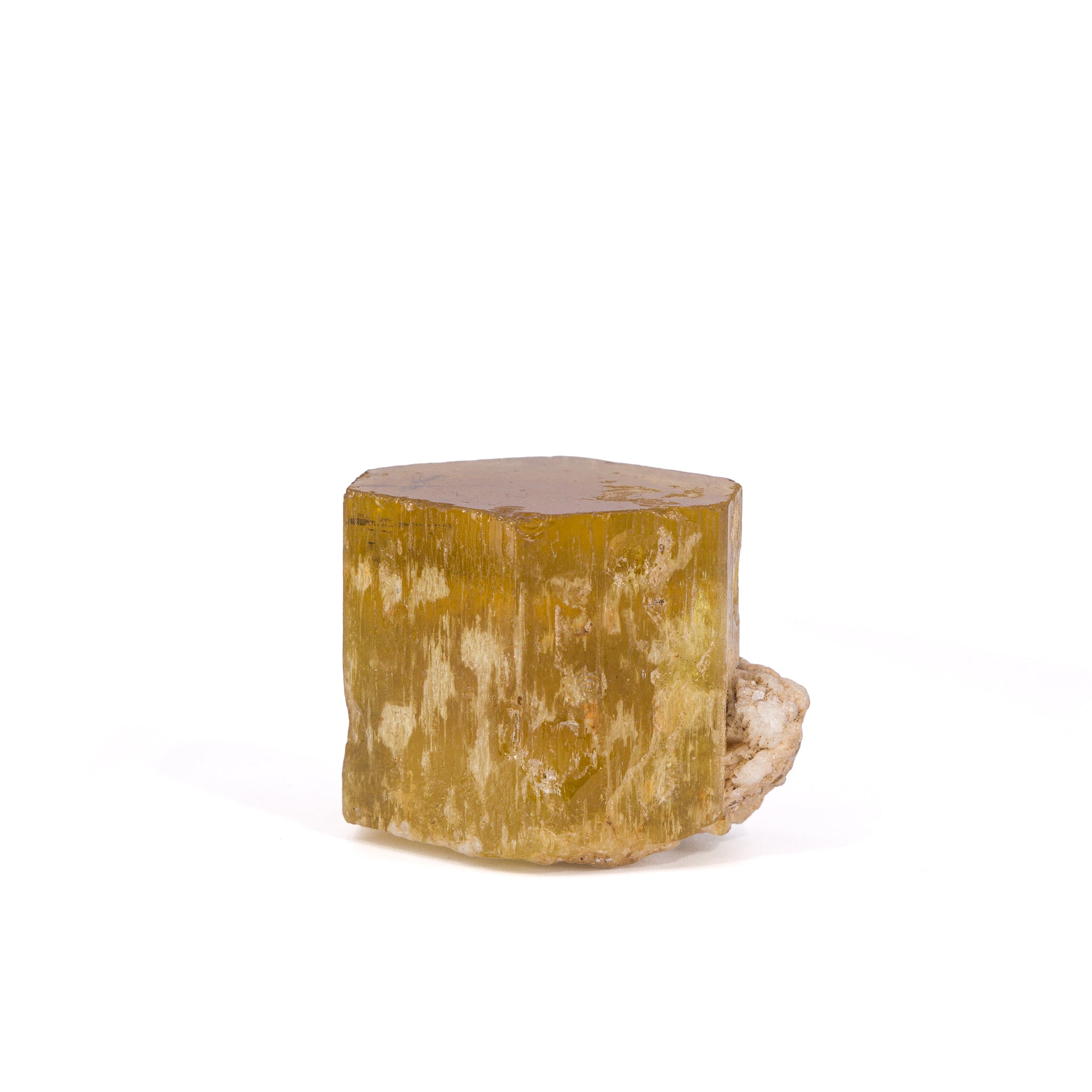 Heliodor natural gem crystal, front three-quarter view