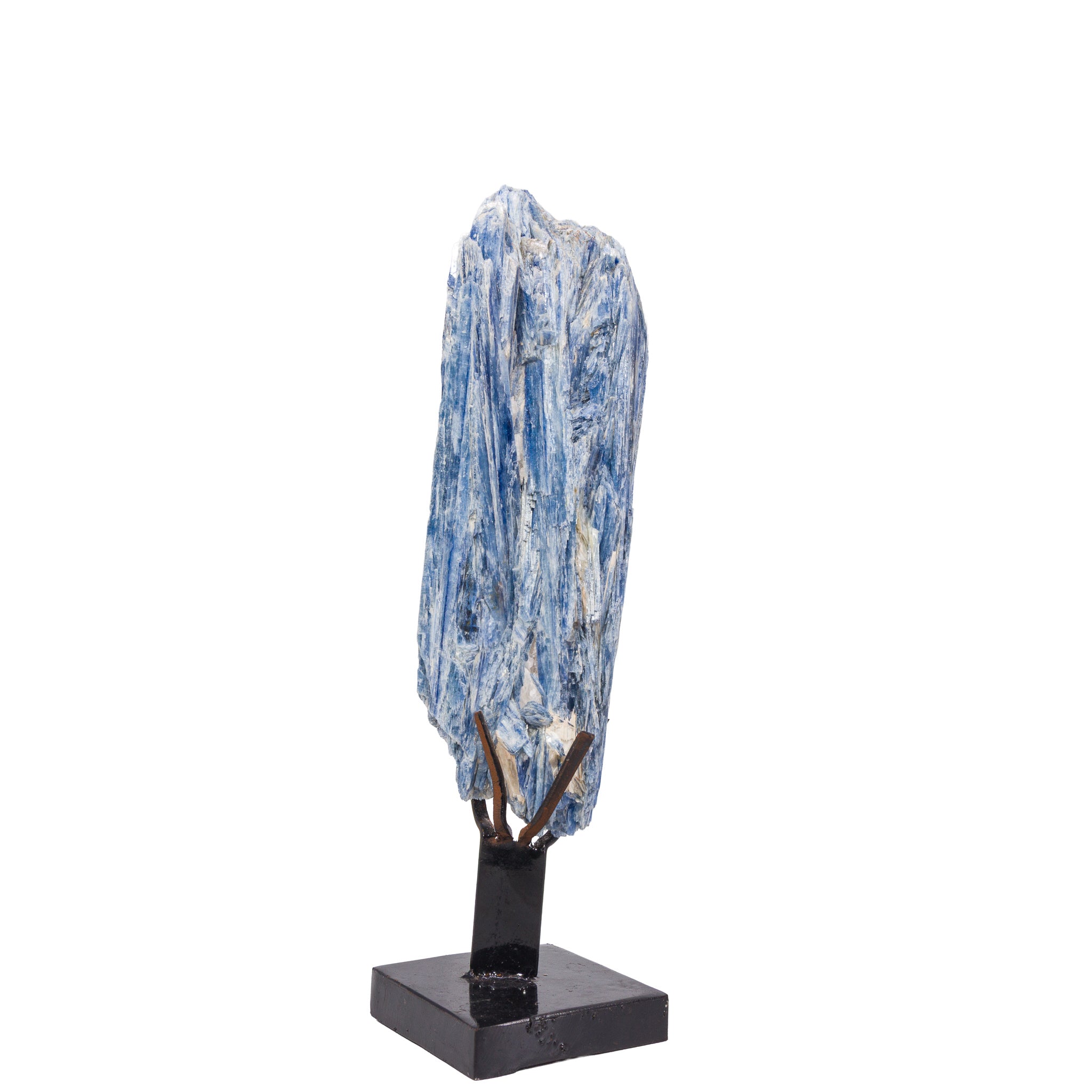 Blue bladed Kyanite crystal cluster displayed on a black metal stand, reverse view
