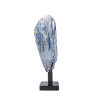 Blue bladed Kyanite crystal cluster displayed on a black metal stand, front view