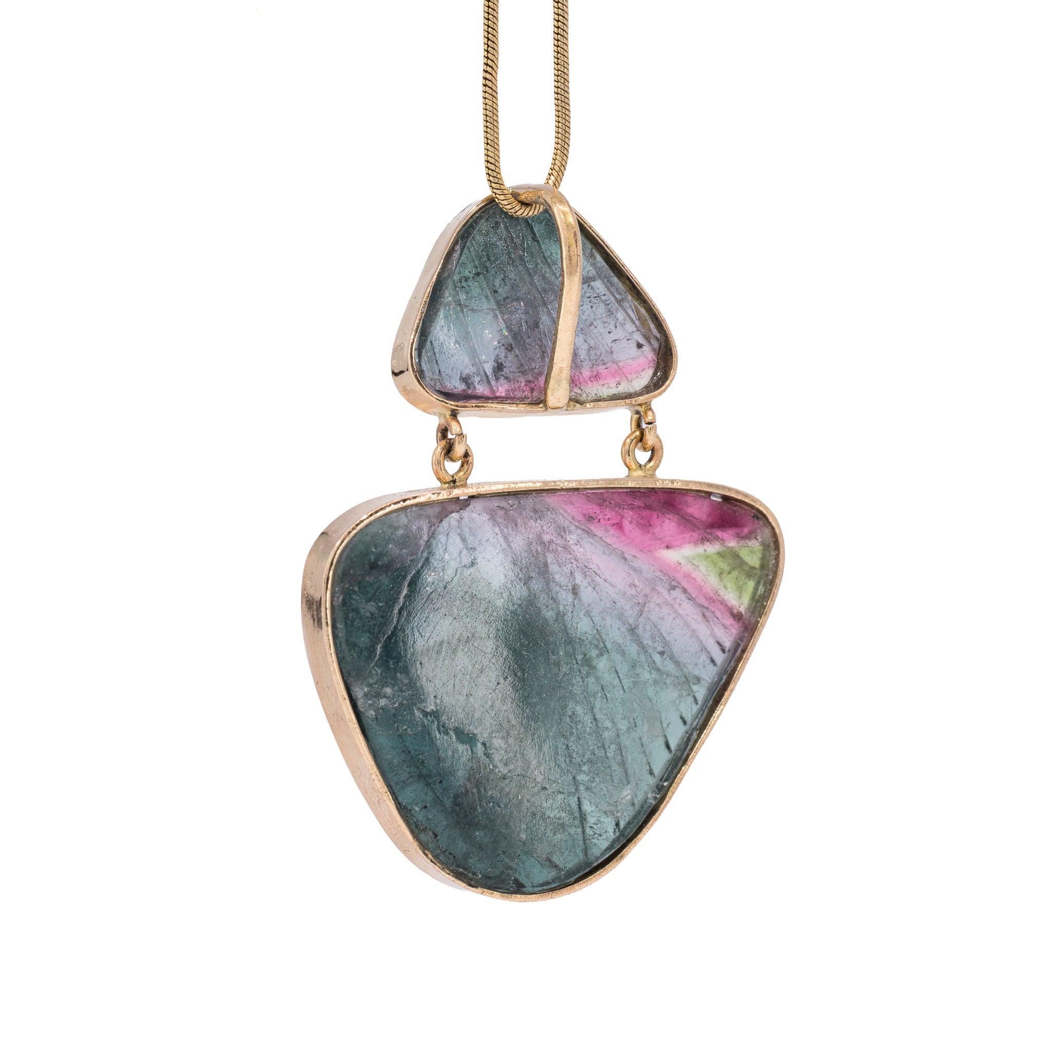 Alternate view of carved blue-green and pink Tourmaline 14K pendant