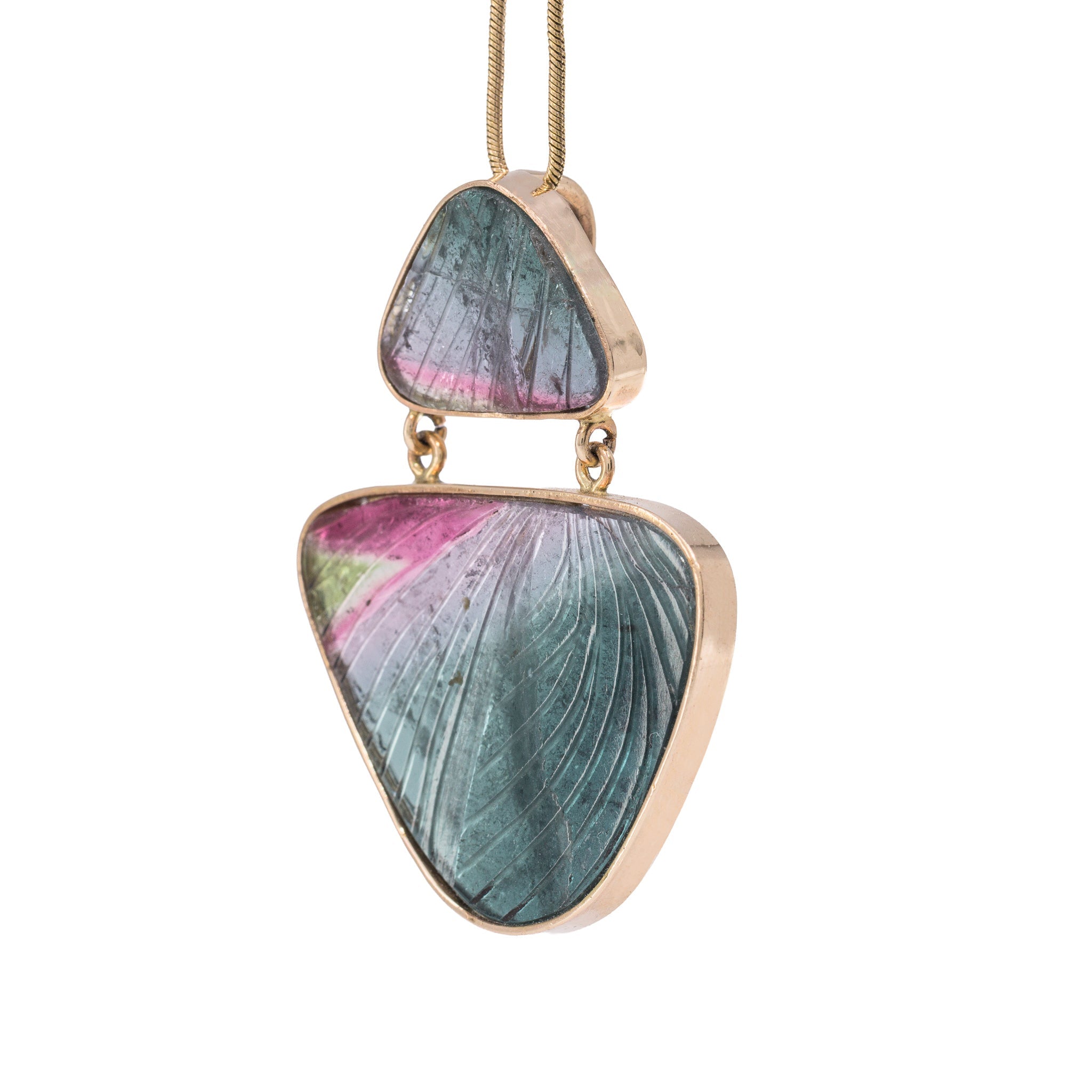 Angled view of articulated Multi-Colored Tourmaline butterfly wing pendant