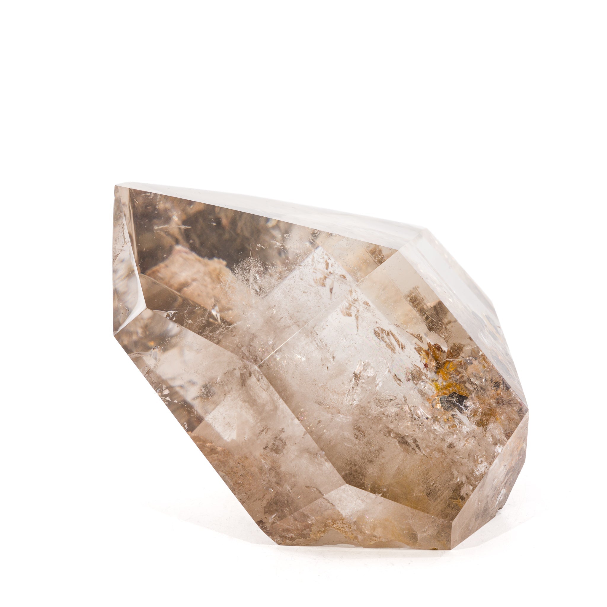 Front view of faceted Reticulated Rutilated Quartz crystal point with internal inclusions