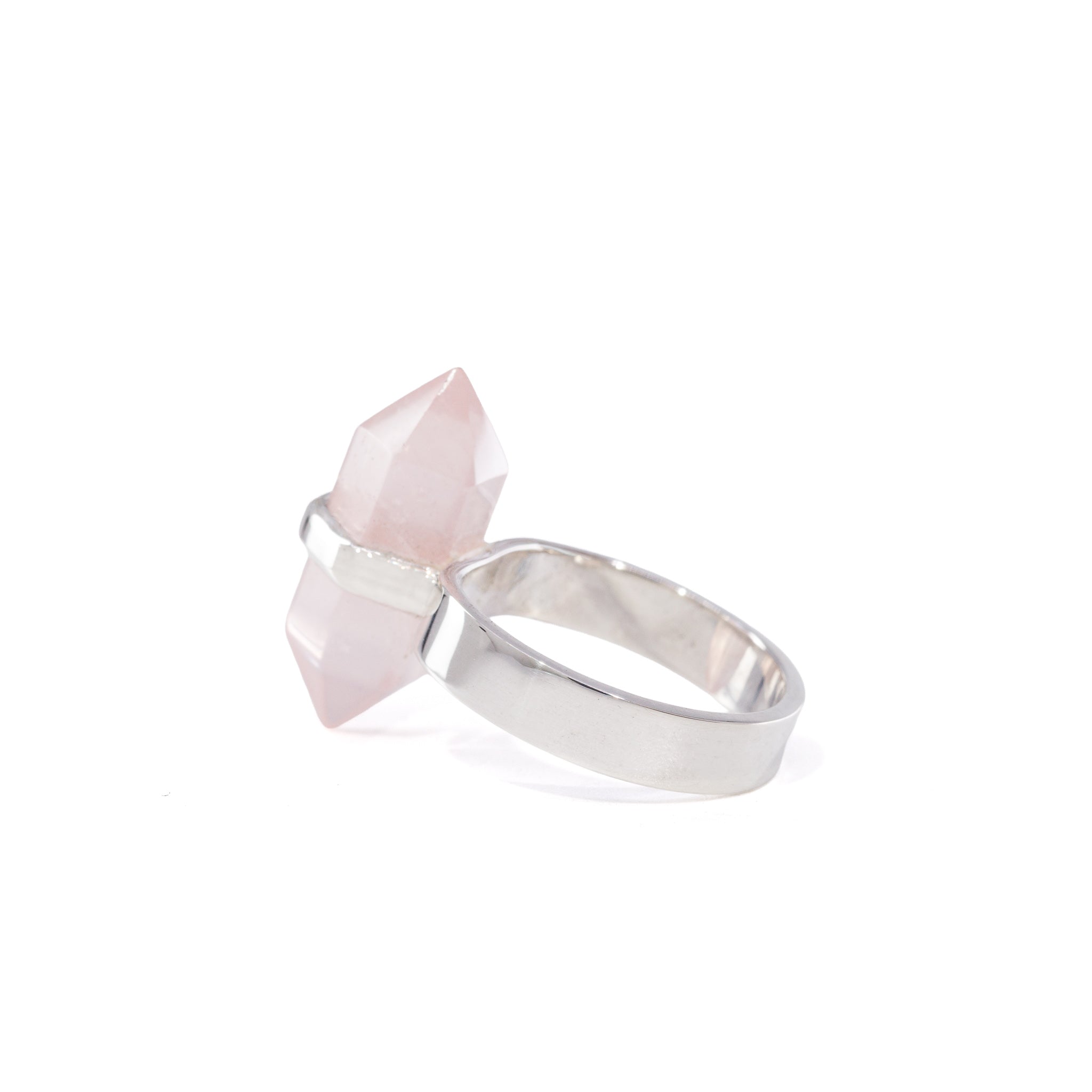Three-quarter view of Rose Quartz double-terminated crystal ring