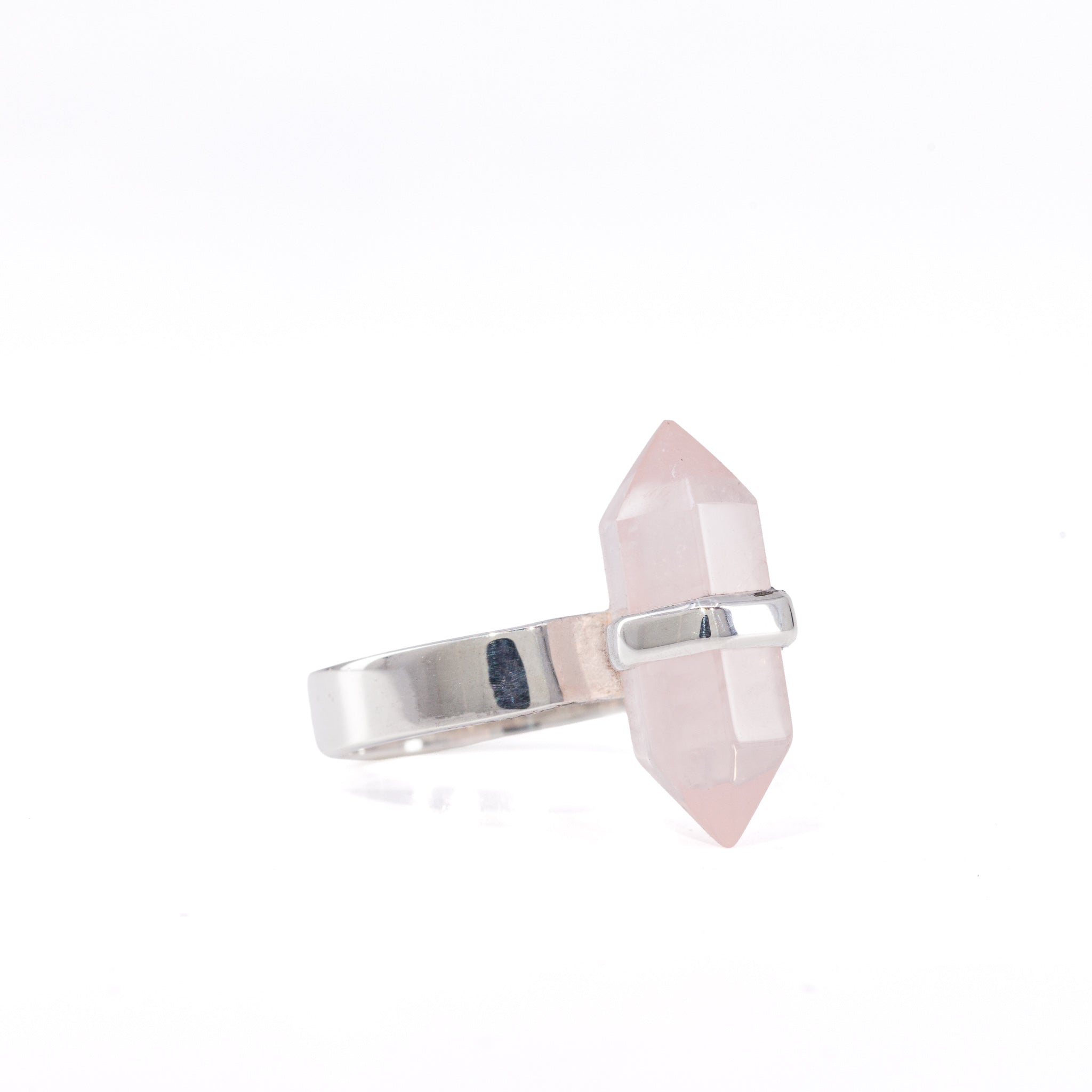 Side view of Rose Quartz crystal held in a Sterling Silver band