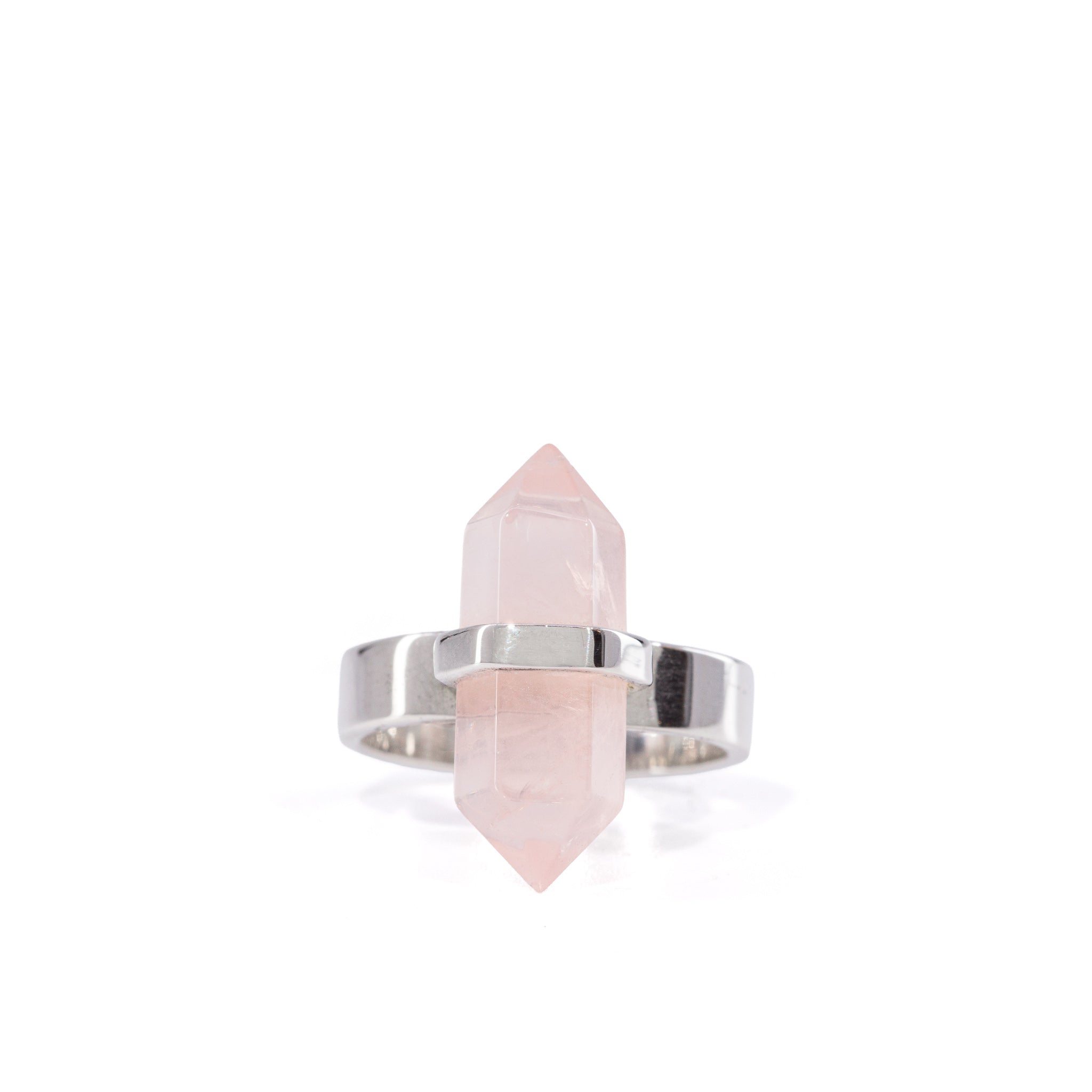 Front view of Rose Quartz polished crystal Sterling Silver ring JJO-219