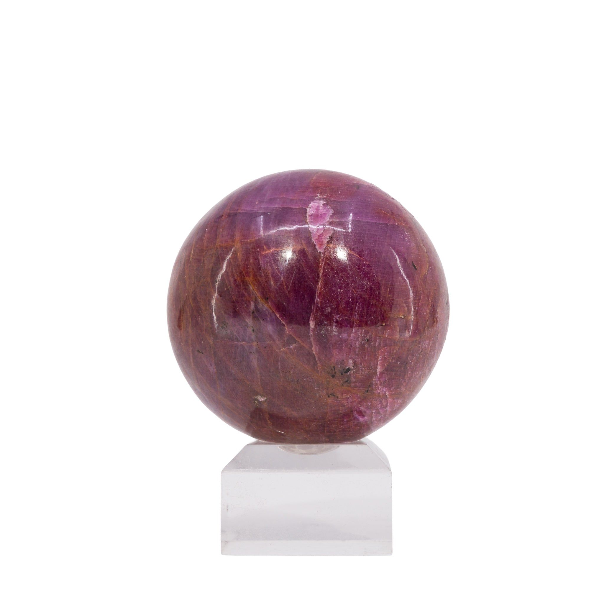 Front view of polished Ruby crystal sphere from India