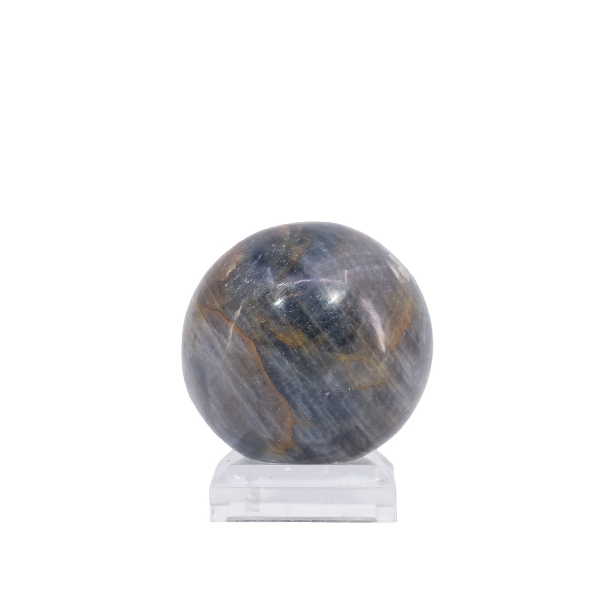 Blue-gray Sapphire polished crystal sphere from India, front view