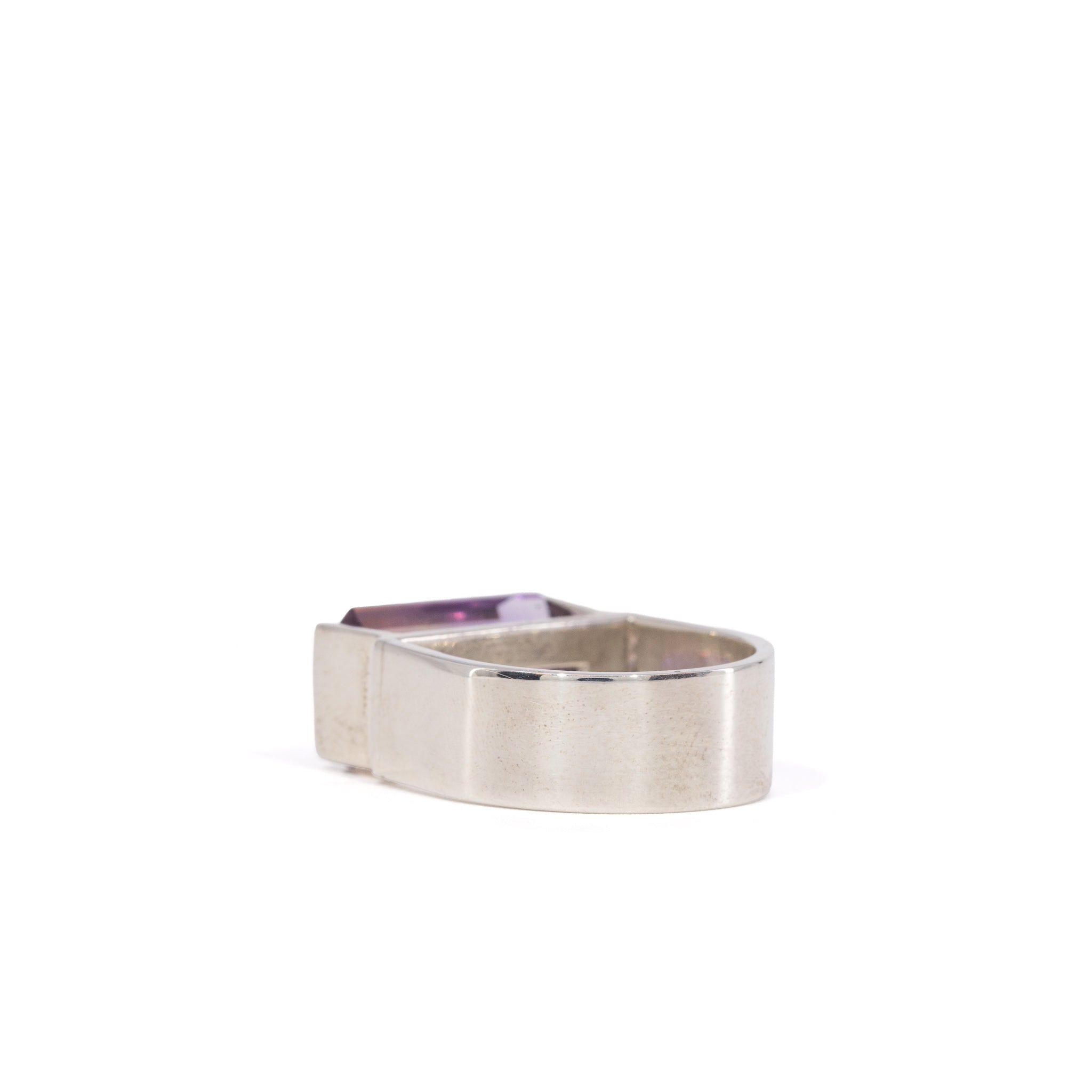 Back view of Ametrine ring showing the broad polished sterling silver band
