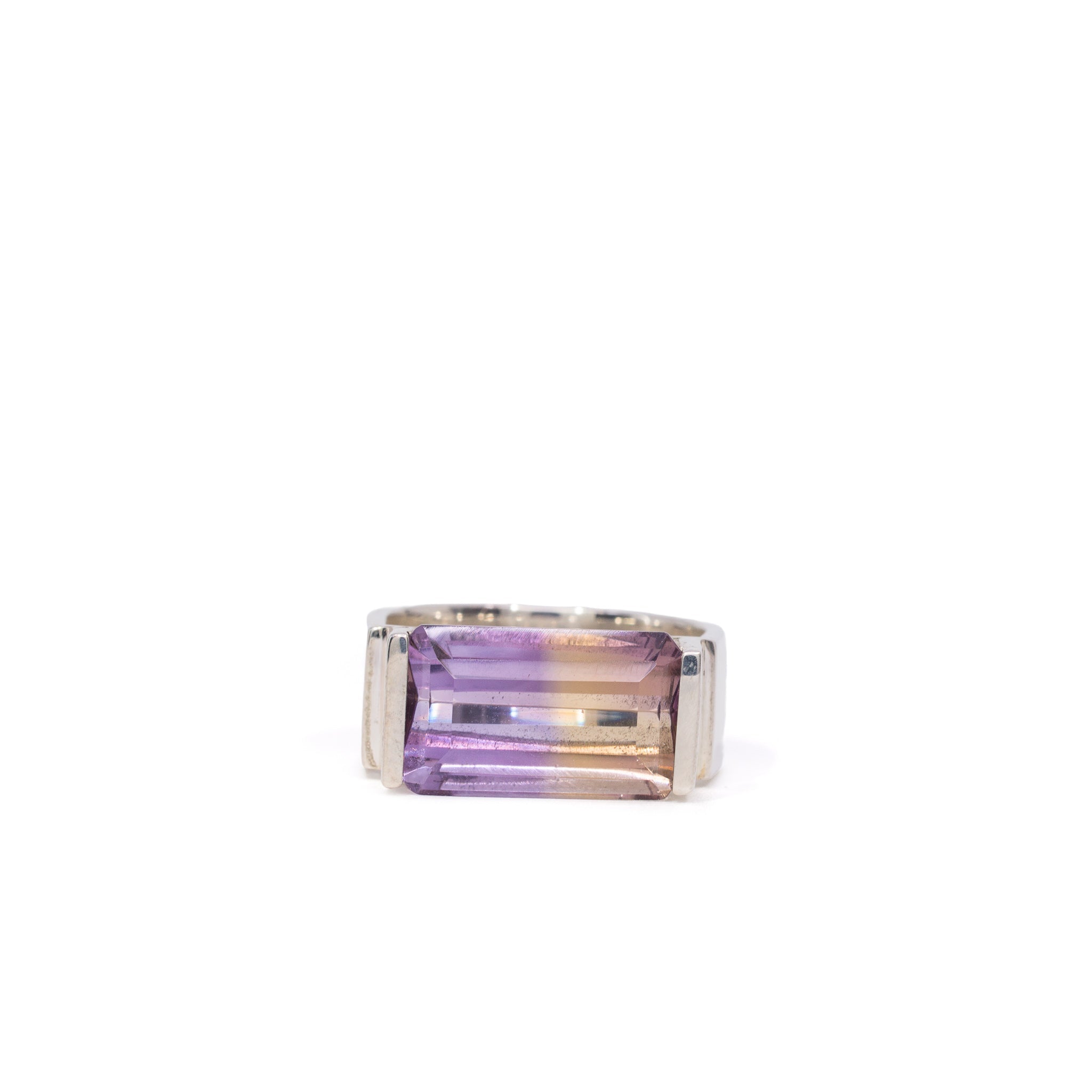 Front view of rectangular faceted Ametrine ring in handcrafted sterling silver