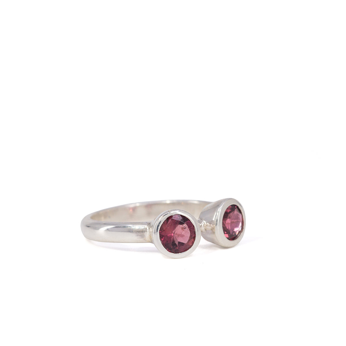 Rhodolite Garnet Sterling Silver bypass ring with two faceted stones