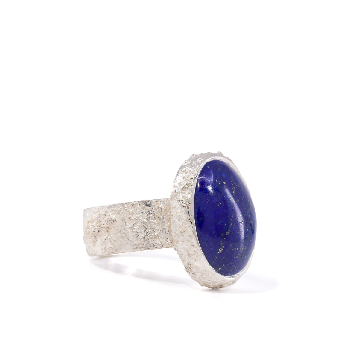 Lapis Lazuli Sterling Silver ring with cobalt blue cabochon and heavily textured band