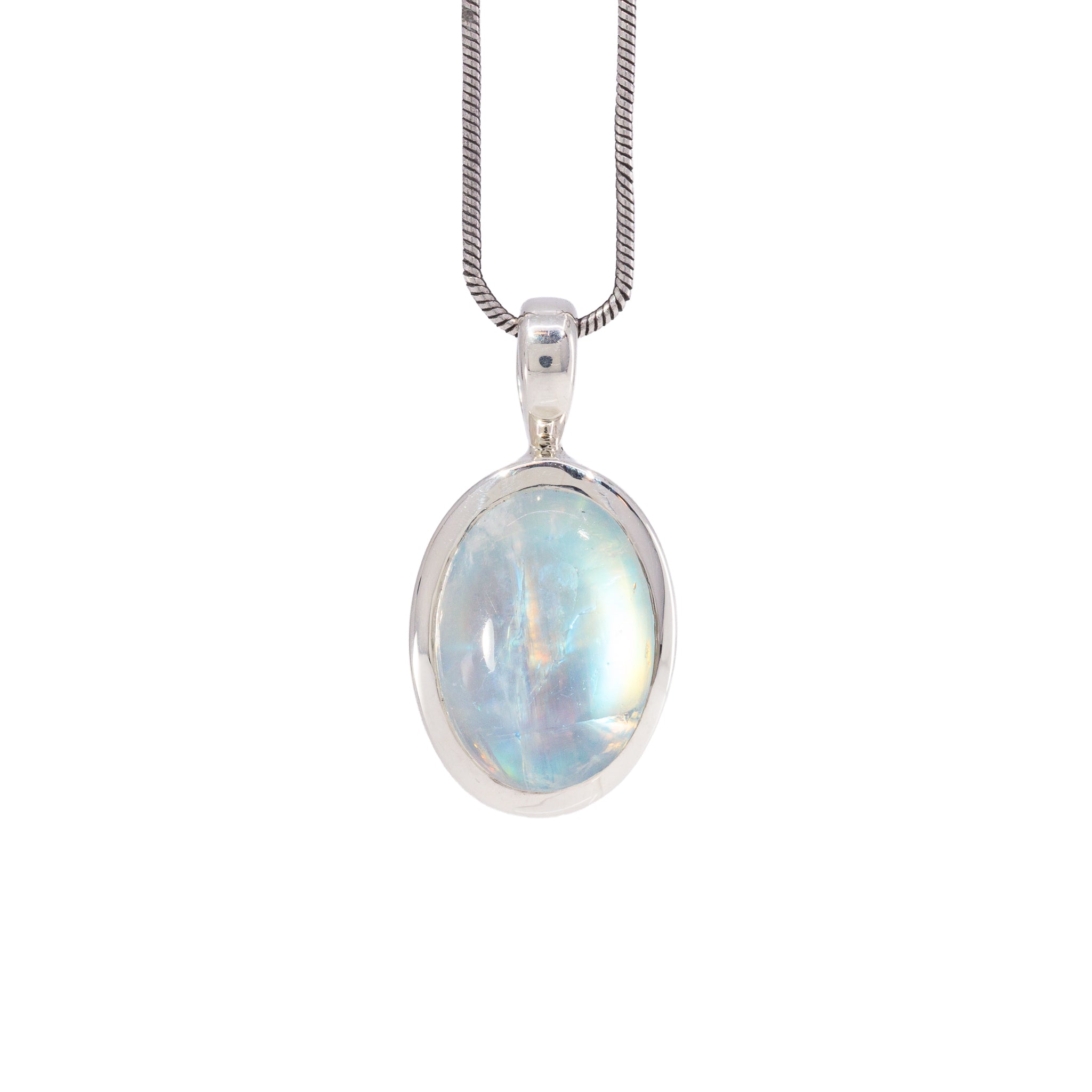 Oval Moonstone charm pendant in Sterling Silver with vivid blue and aqua flash