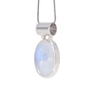Angled view of rose cut Moonstone pendant showing the tubular Sterling Silver bail