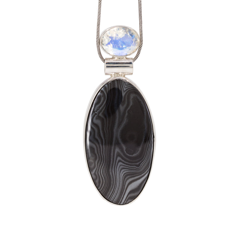 Psilomelane & Moonstone Sterling Silver Handcrafted Gemstone Pendant