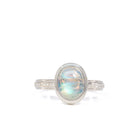 Front view of Sterling Silver Moonstone ring showing blue and aqua flash