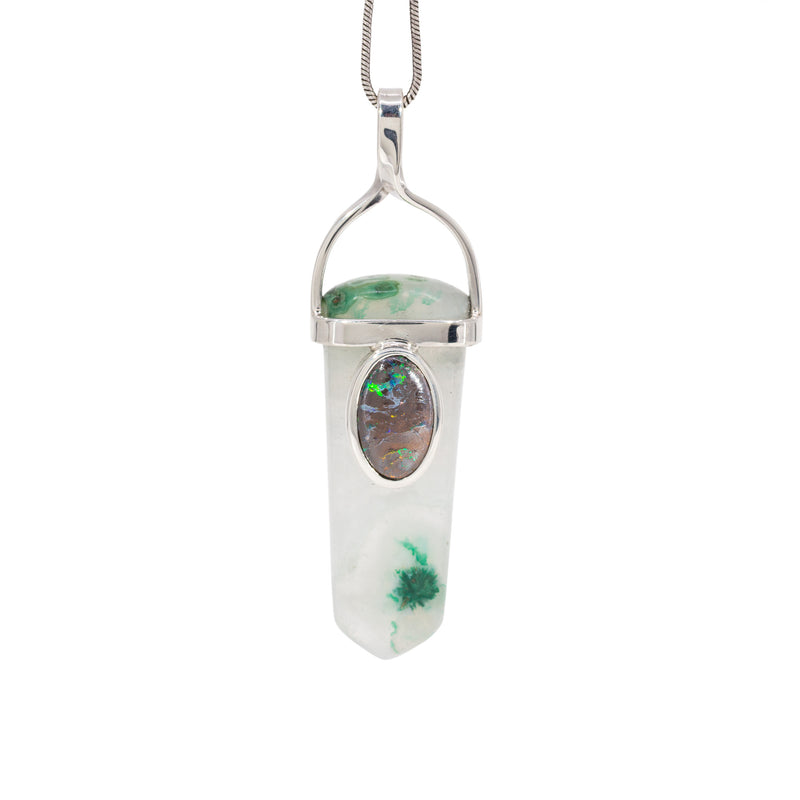Malachite in Quartz with Boulder Opal Sterling Silver Handcrafted Crystal Pendant