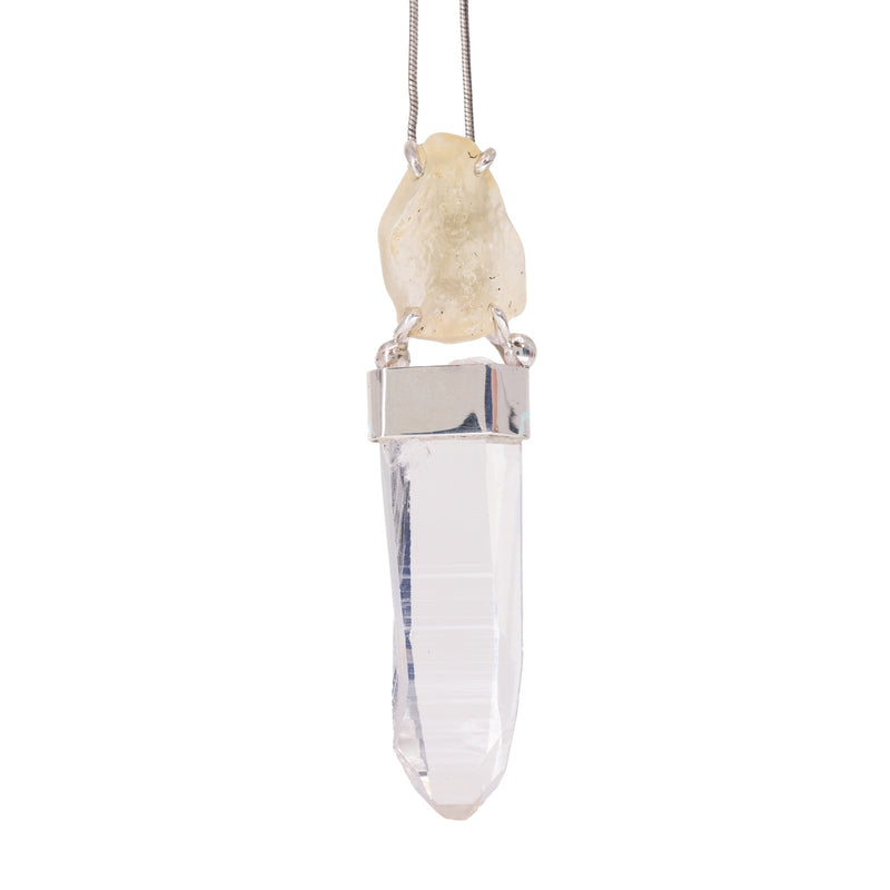Libyan Desert Glass 9.05ct & Quartz Sterling Silver Handcrafted Natural Crystal Pendant