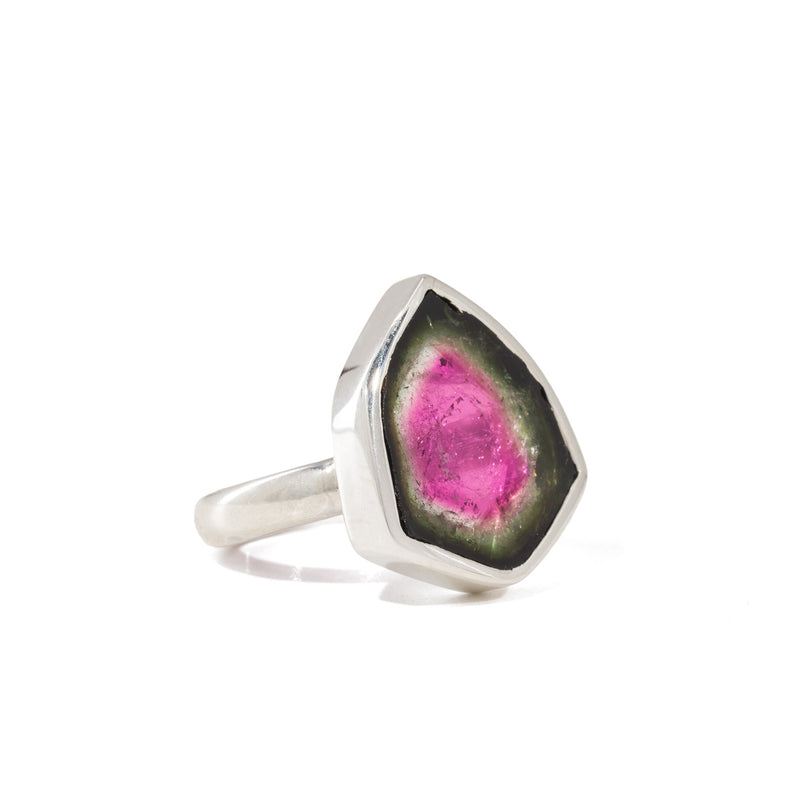 Watermelon Tourmaline 9.77 Carat Handcrafted Sterling Silver Gem Crystal Ring