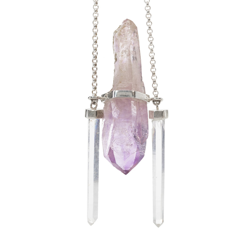 Amethyst 136.8 Carat Scepter with Quartz Sterling Silver Handcrafted 20 Inch Bolo Necklace