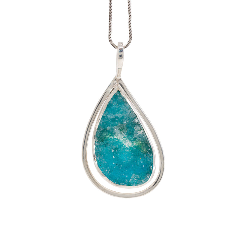 Druzy Chrysocolla 12.86 Carat Sterling Silver Handcrafted Natural Crystal Pendant