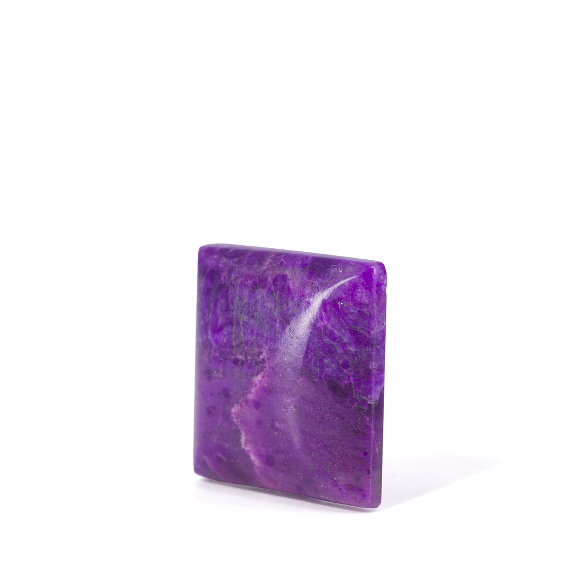 Reverse view of square Sugilite cabochon with layered purple mineral pattern