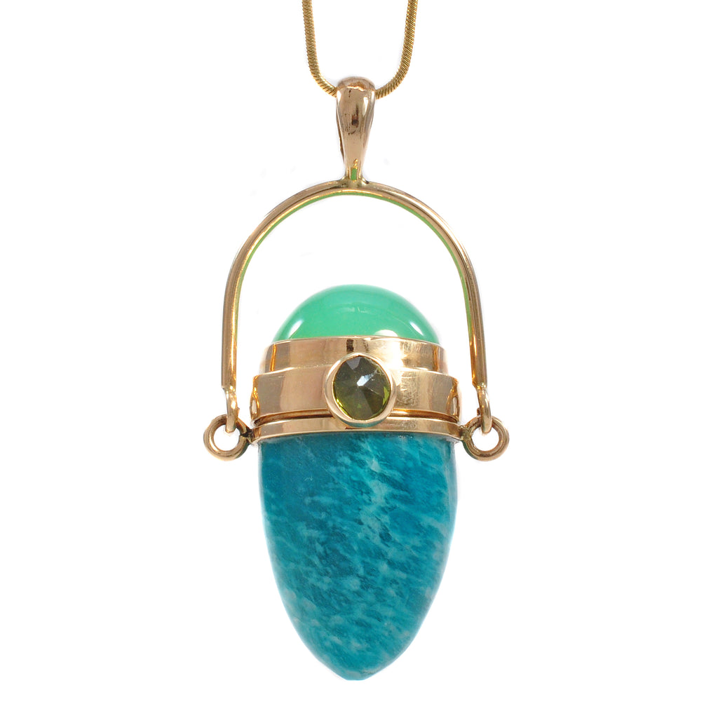 Amazonite 27.31 mm 52.09 ct with Chrysoprase and Peridot Handcrafted 14K Gemstone Vessel Pendant - CCO-323 - Crystalarium