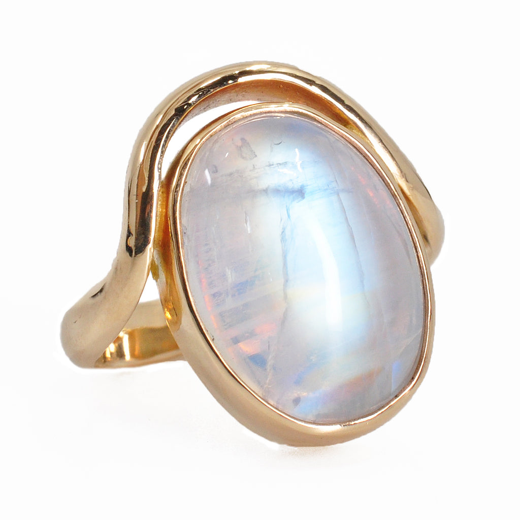 Blue Moonstone 18.6 mm 14.49 carat Oval Cabochon 14K Handcrafted Gemstone Ring - BBO-251 - Crystalarium