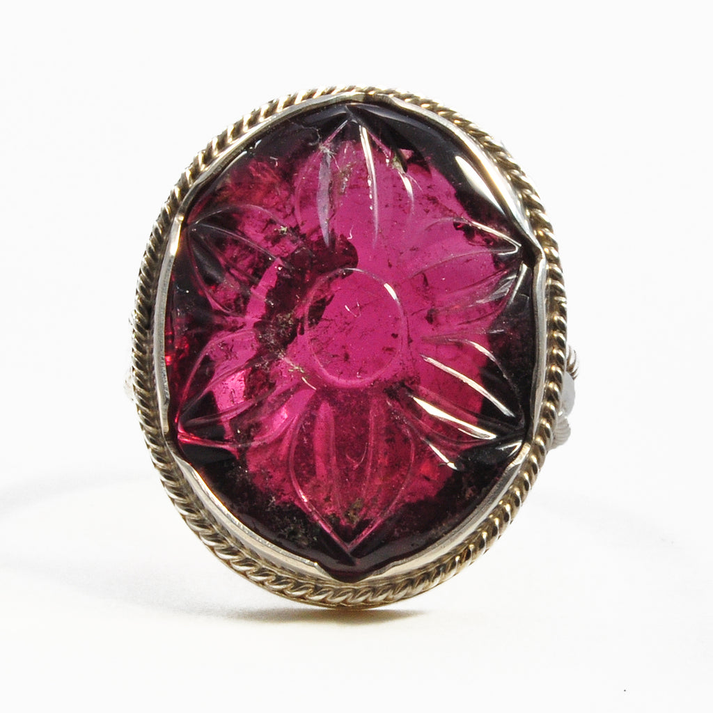 Rubelite Tourmaline 12.82ct Carved Flower Handcrafted Sterling Silver Gemstone Ring - BBO-358 - Crystalarium