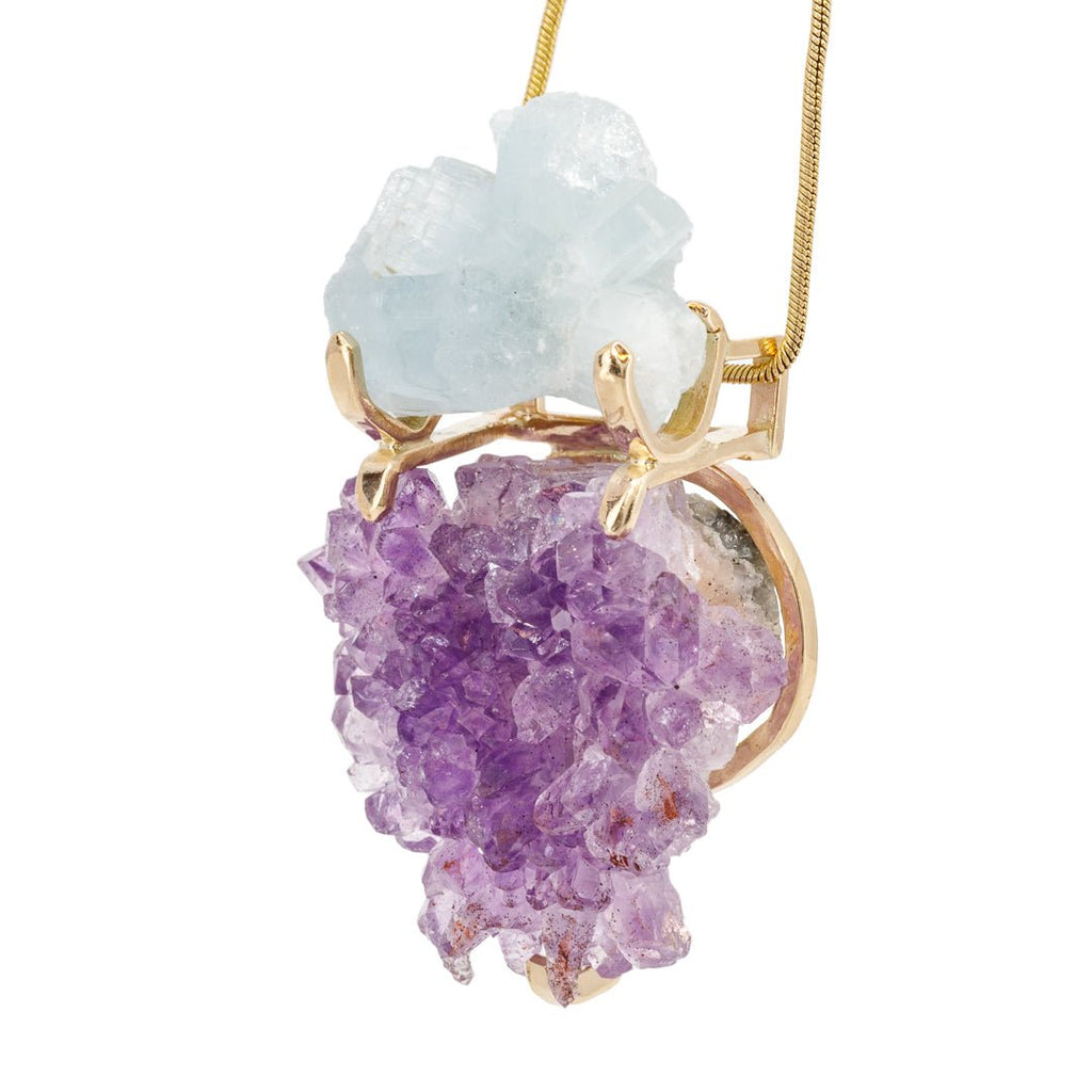 Amethyst 53.75 Carat with Aquamarine 14k Handcrafted Natural Crystal Pendant - KKO-215 - Crystalarium