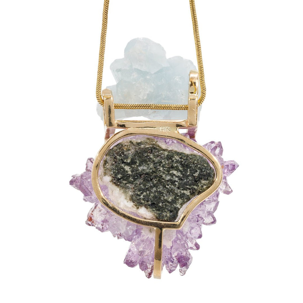 Amethyst 53.75 Carat with Aquamarine 14k Handcrafted Natural Crystal Pendant - KKO-215 - Crystalarium
