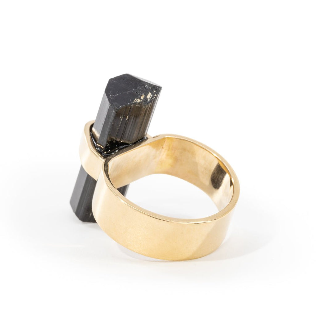 Black Tourmaline 15.76 Carat 14k Handcrafted Natural Crystal Ring - LLO-036 - Crystalarium