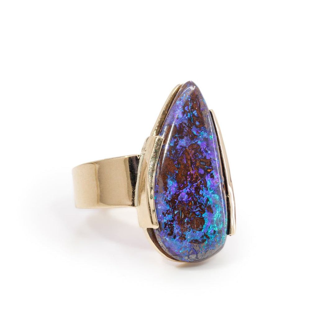 Boulder Opal 9.13 Carat Freeform Cabochon 14k Handcrafted Gemstone Ring - KKO-201 - Crystalarium