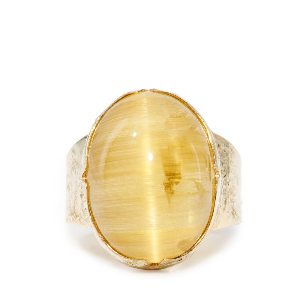 Heliodor, Catseye 15.05 Carat Cabochon14k Handcrafted Gemstone Ring - YO-356 - Crystalarium
