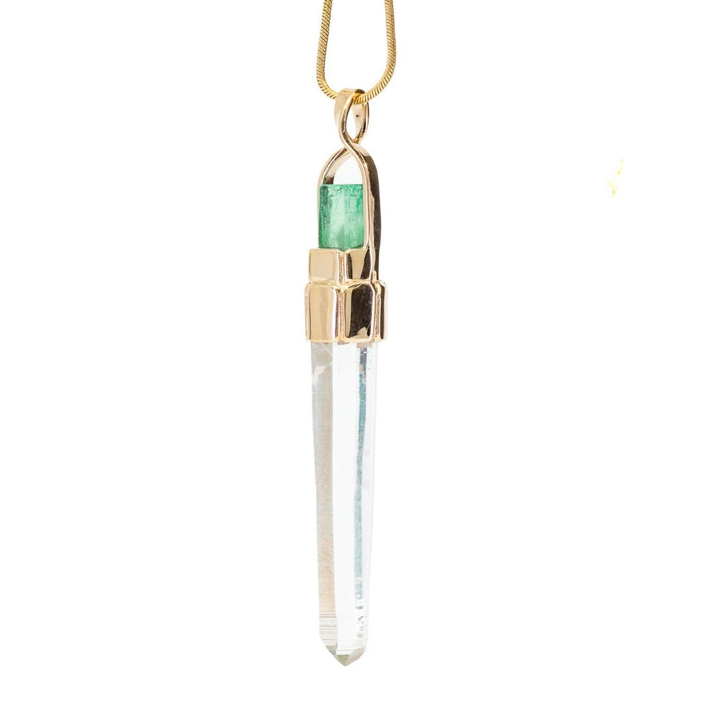 Colombian Quartz 14.05 Carat with Emerald 14k Handcrafted Natural Crystal Pendant - KKO-168 - Crystalarium