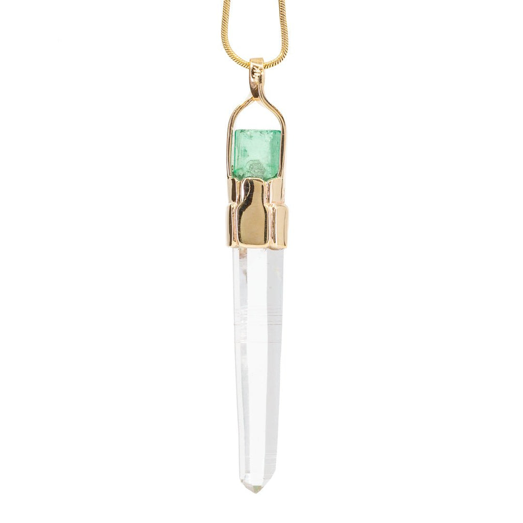 Colombian Quartz 14.05 Carat with Emerald 14k Handcrafted Natural Crystal Pendant - KKO-168 - Crystalarium