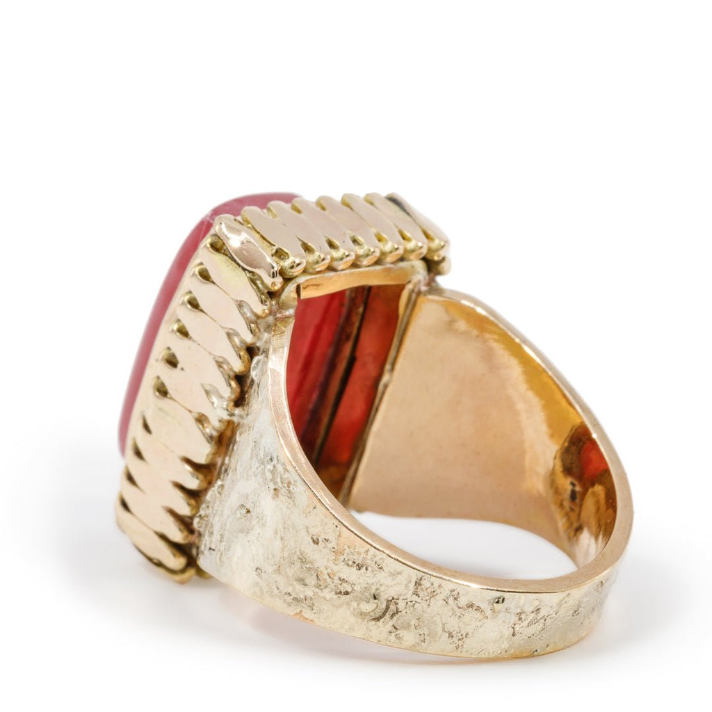 Gem Rhodonite 14.03 Carat Cabochon 14k Handcrafted Textured Band Ring - WO-212 - Crystalarium