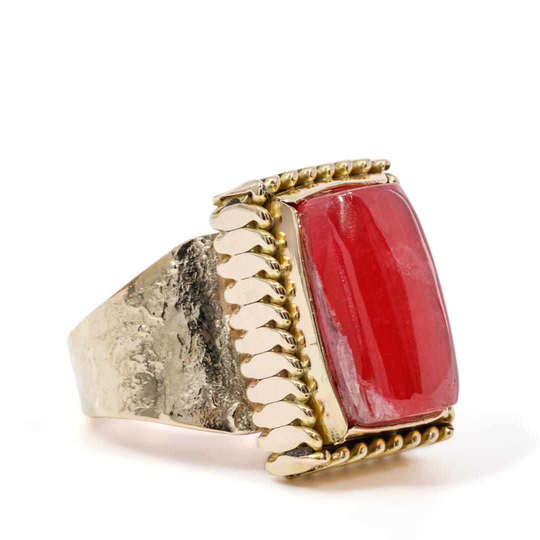 Gem Rhodonite 14.03 Carat Cabochon 14k Handcrafted Textured Band Ring - WO-212 - Crystalarium