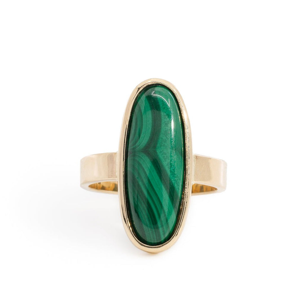 Malachite 7.92 Carat Oval Cabochon 14k Handcrafted Crystal Ring - KKO-099 - Crystalarium