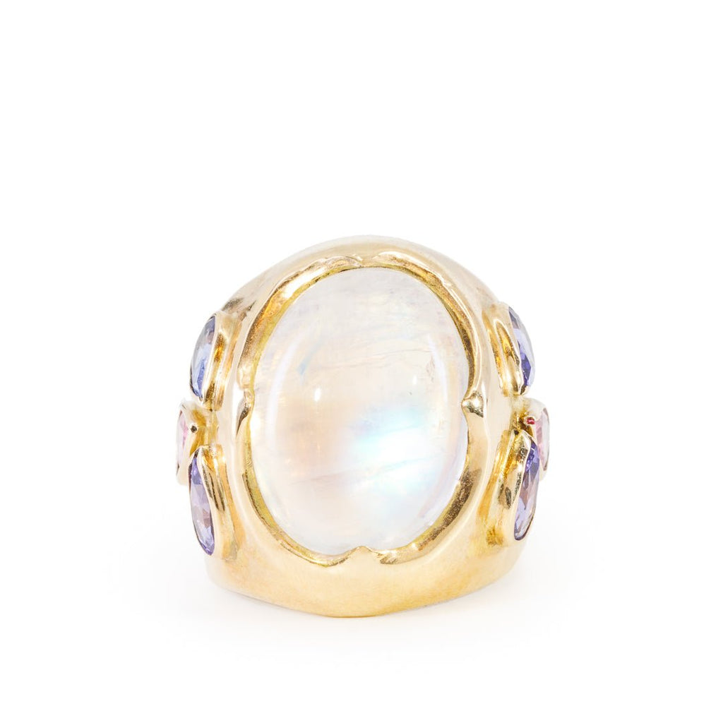 Moonstone 16.41 Carat with Tanzanite and Sapphires 14k Handcrafted Gemstone Ring - BBO-101 - Crystalarium