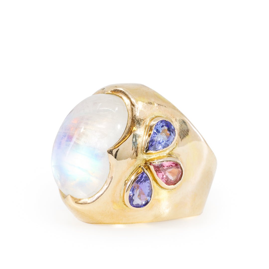 Moonstone 16.41 Carat with Tanzanite and Sapphires 14k Handcrafted Gemstone Ring - BBO-101 - Crystalarium