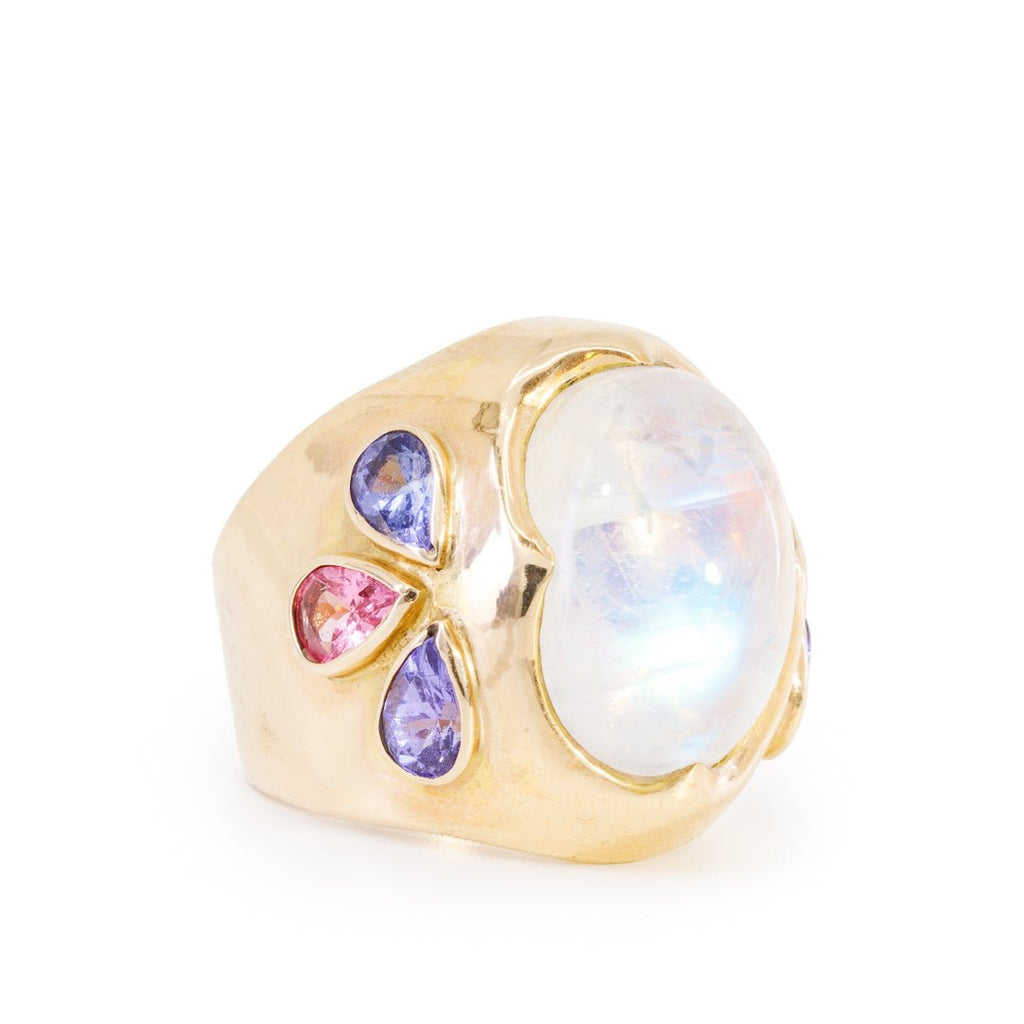 Moonstone 16.41 Carat with Tanzanite and Sapphires 14k Handcrafted Gemstone Ring - BBO-101 - Crystalarium