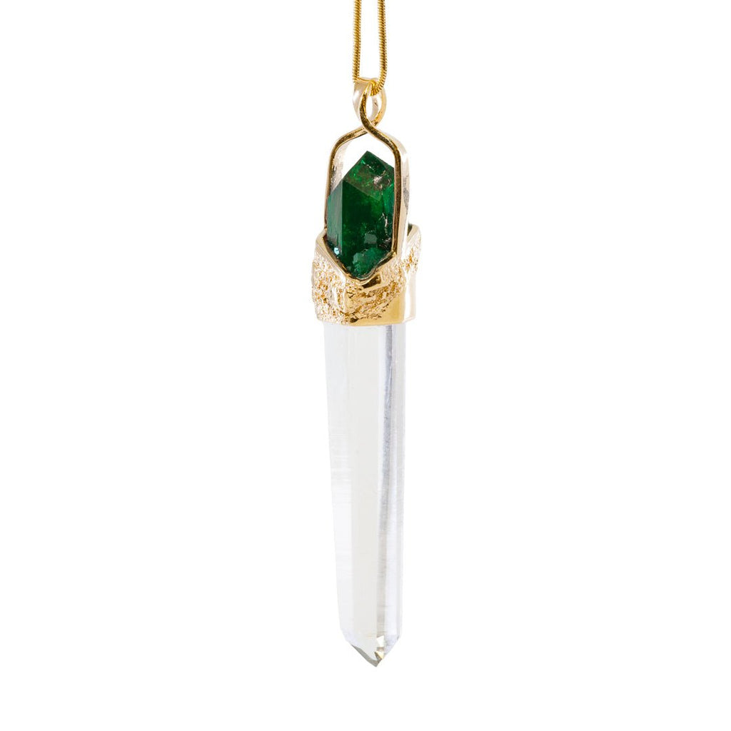 Clear Quartz 44.65 Carat with Dioptase 14k Handcrafted Natural Crystal Pendant - KKO-024 - Crystalarium