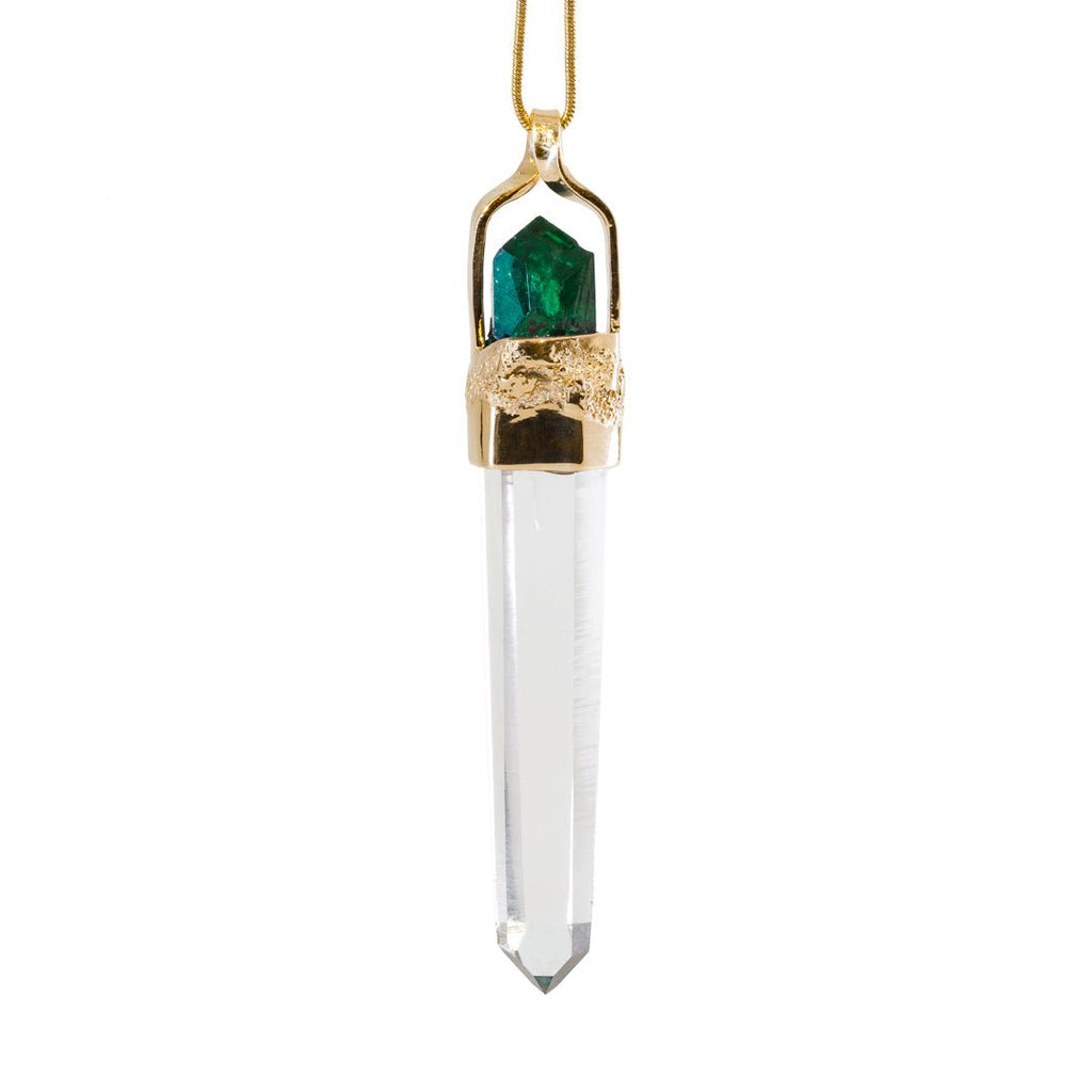 Clear Quartz 44.65 Carat with Dioptase 14k Handcrafted Natural Crystal Pendant - KKO-024 - Crystalarium