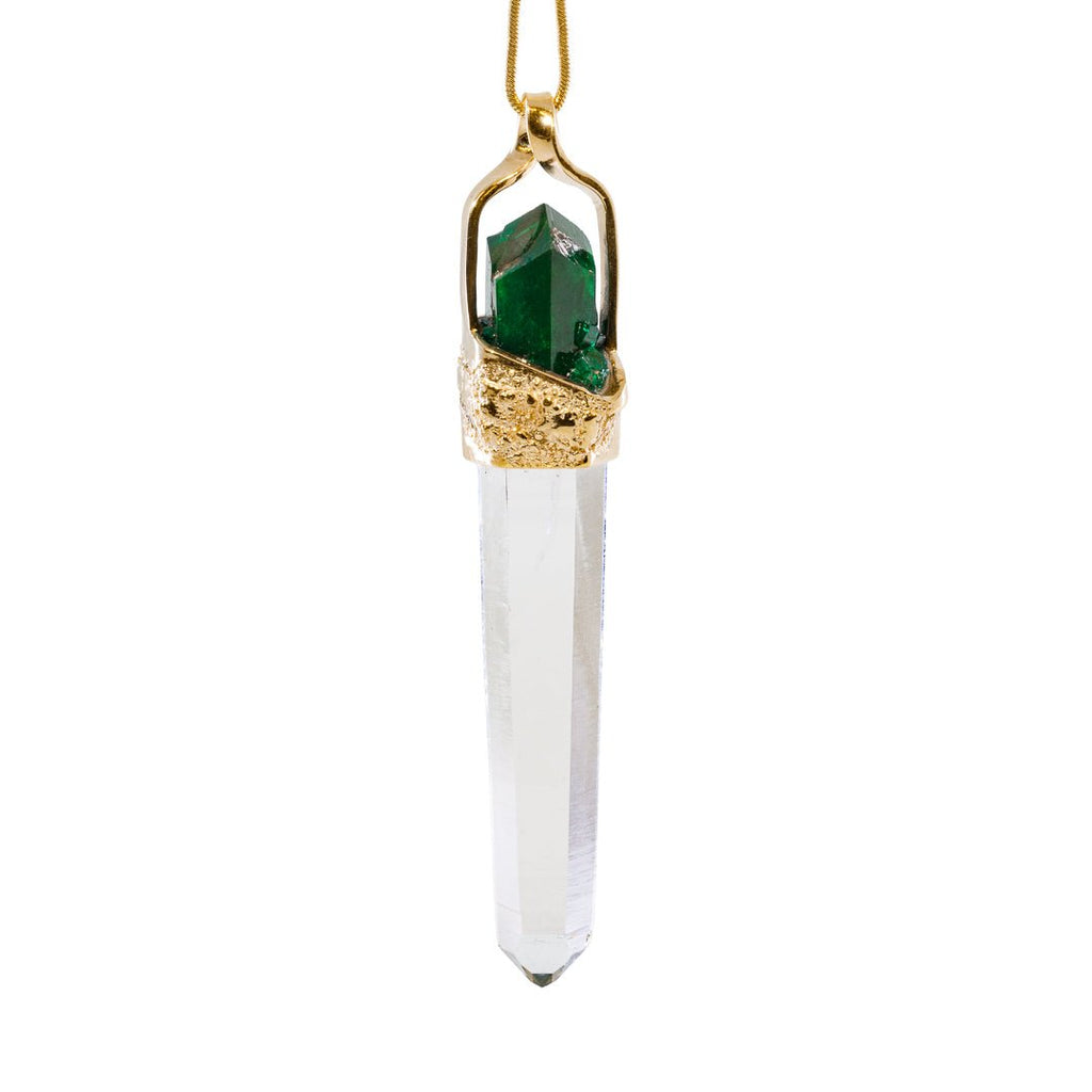 Clear Quartz 44.65 Carat with Dioptase 14k Handcrafted Natural Crystal Pendant - KKO-024 - Crystalarium