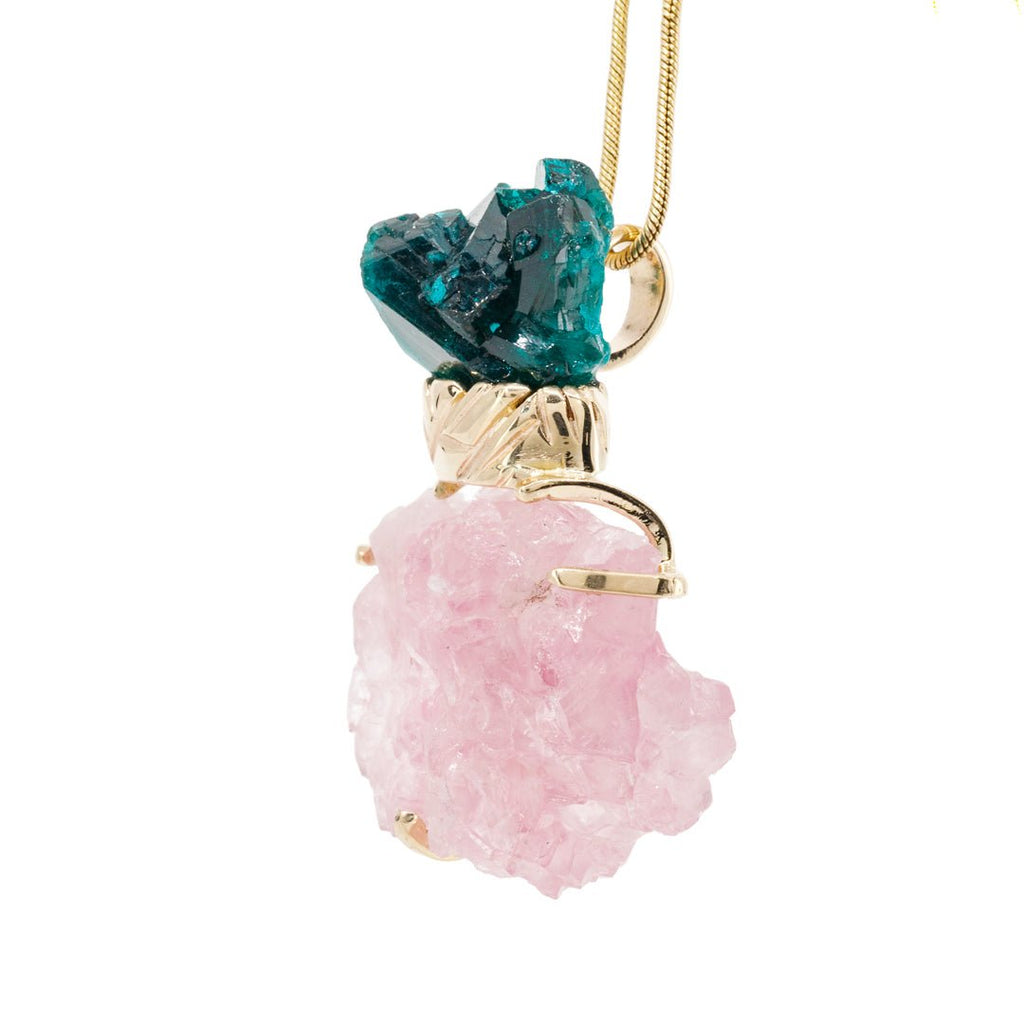 Rose Quartz 30.37 Carat with Dioptase 14k Handcrafted Natural Crystal Pendant - KKO-217 - Crystalarium