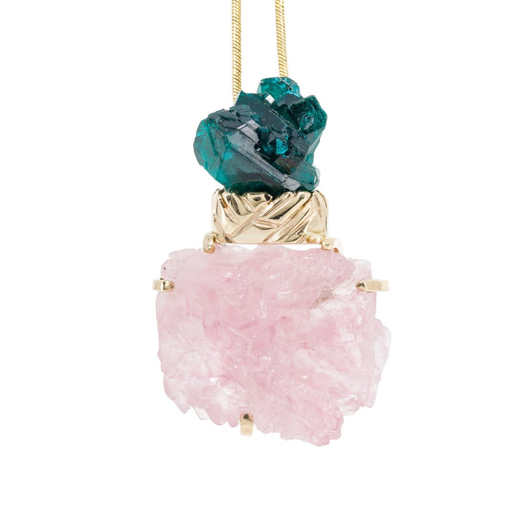 Rose Quartz 30.37 Carat with Dioptase 14k Handcrafted Natural Crystal Pendant - KKO-217 - Crystalarium